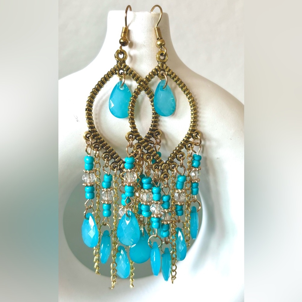 Ocean Blue Turquoise Gold Teardrop Beaded Dangle Tassel Chandelier Earrings New